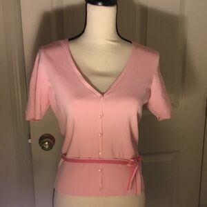 LOFT Pink Button Down Cardigan Sweater V-neck short sleeve with belt